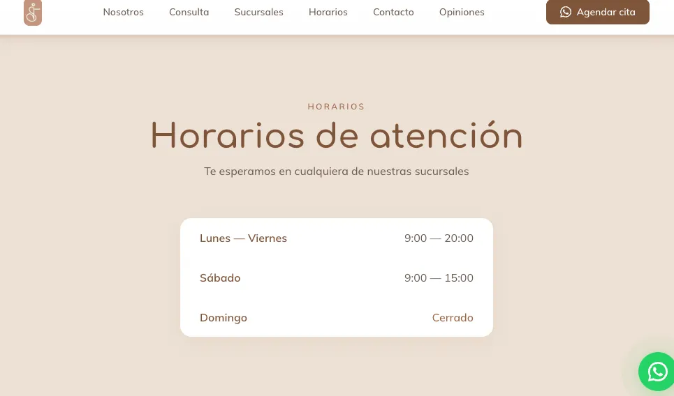 Sección de horarios de atención de las dos sucursales